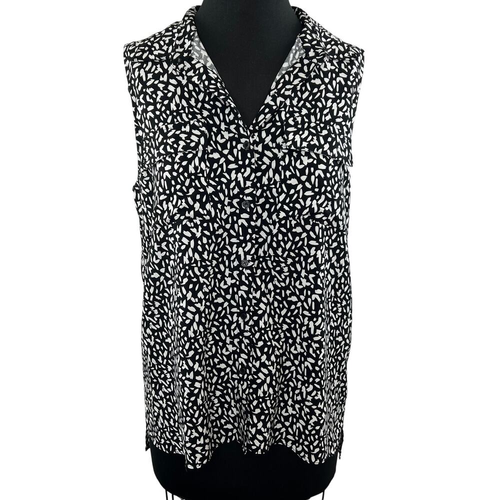 PURE NAVY Black & White Animal Print V-Neck Button-Down Sleeveless Top Blouse M